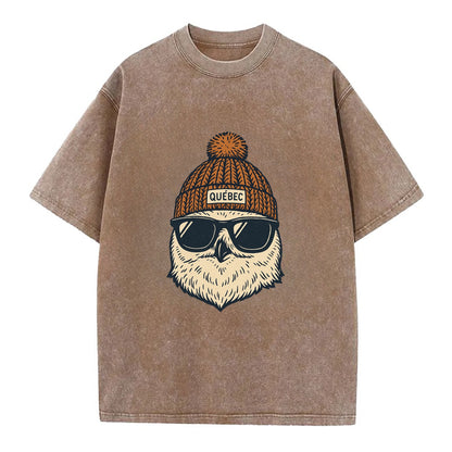 Quebec City Snowy Owl wearing Quebec beanie with pom pom and wayfarer sunglasses - Vintage T-shirt - Brown