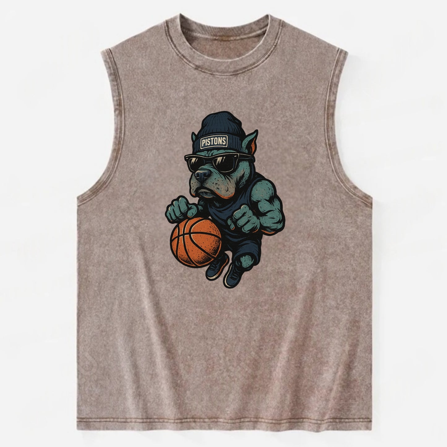 Detroit Pitbull wearing Pistons beanie with chrome patch and wayfarer - Vintage Washed Tank - Brown