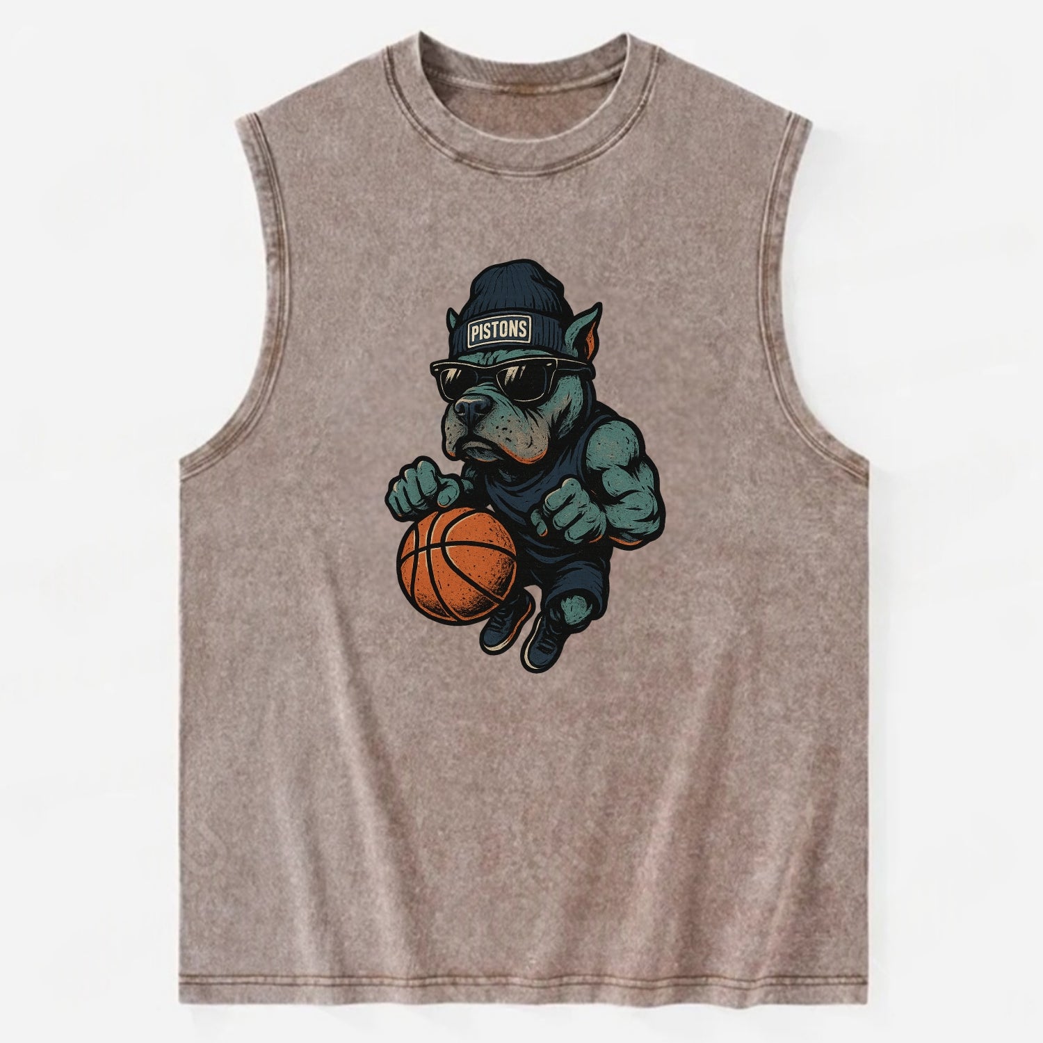 Detroit Pitbull wearing Pistons beanie with chrome patch and wayfarer - Vintage Washed Tank - Brown