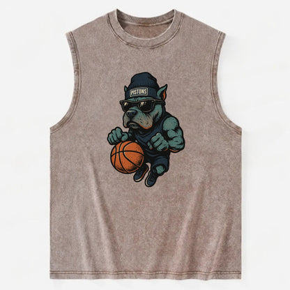 Detroit Pitbull wearing Pistons beanie with chrome patch and wayfarer - Vintage Washed Tank - Brown