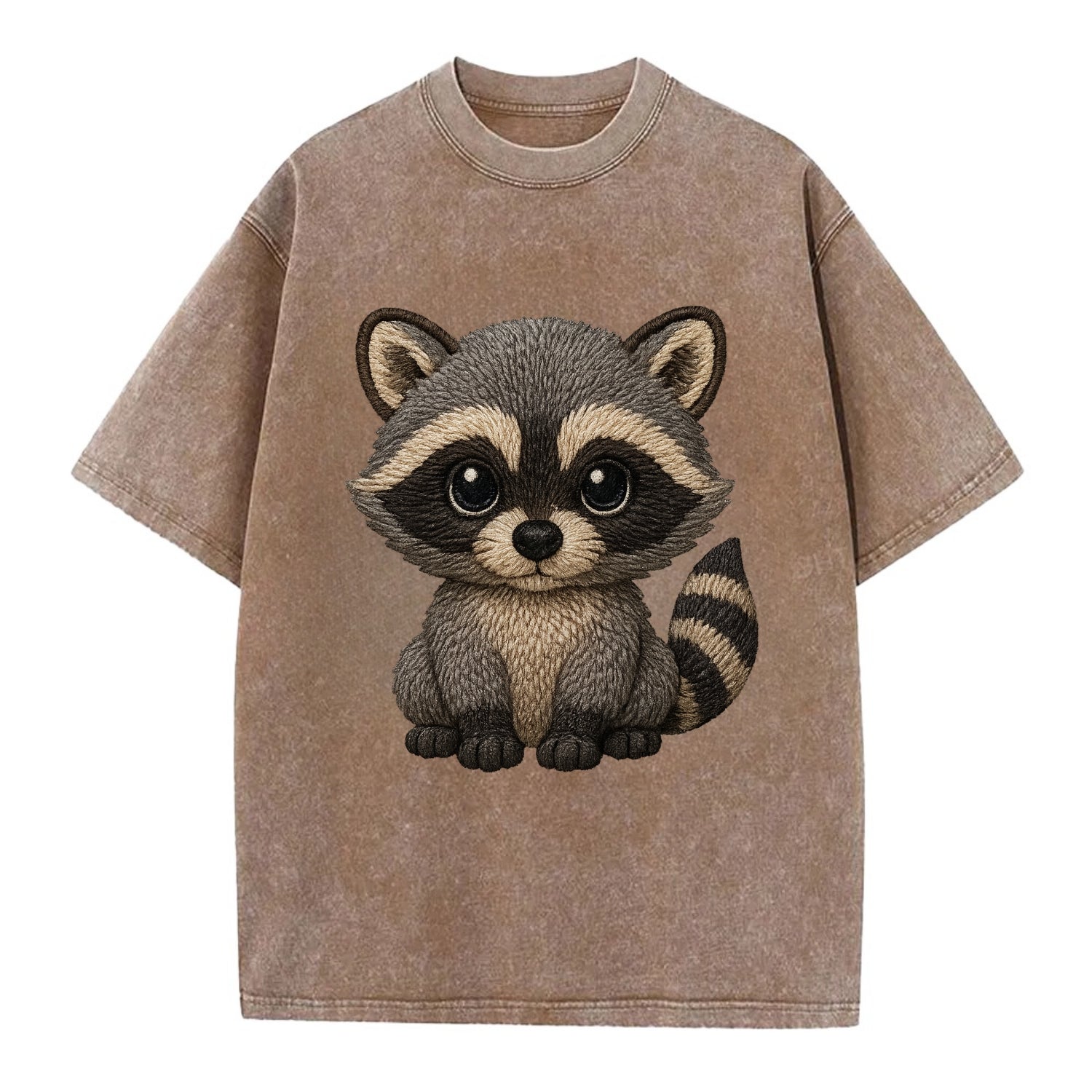 Baby Raccoon - gray fur, black mask, ringed tail, bright curious eyes, - Vintage T-shirt - Brown