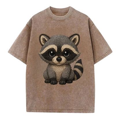 Baby Raccoon - gray fur, black mask, ringed tail, bright curious eyes, - Vintage T-shirt - Brown