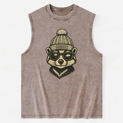 Wisconsin Badger wearing Milwaukee beanie with pom pom and wayfarer sunglasses - Vintage Washed Tank - Brown
