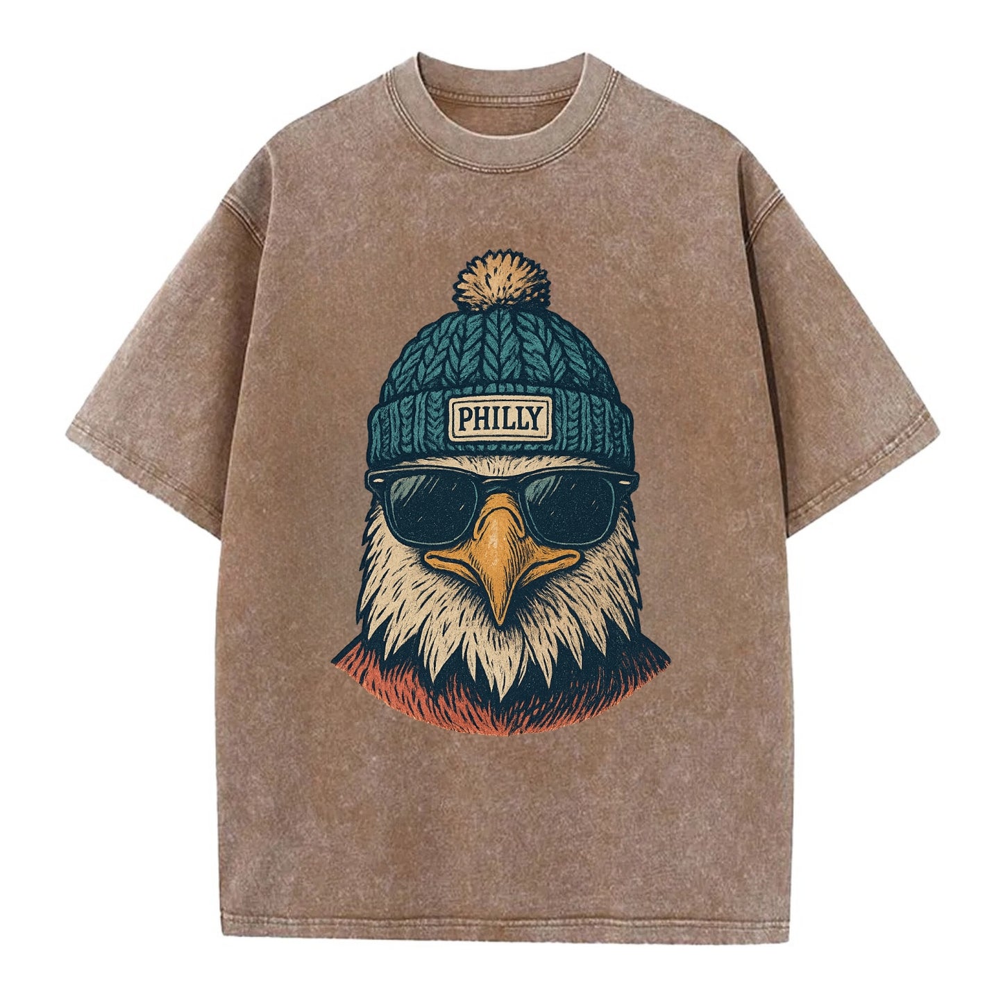 Philadelphia Eagle wearing Philly beanie with pom pom and wayfarer sunglasses - Vintage T-shirt - Brown