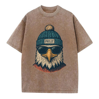 Philadelphia Eagle wearing Philly beanie with pom pom and wayfarer sunglasses - Vintage T-shirt - Brown
