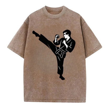 Martial artist performing a high kick - Vintage T-shirt - Brown