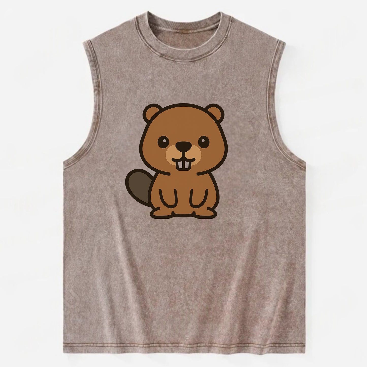 Baby Beaver - brown fur, paddle tail, buck teeth, friendly eyes, - Vintage Washed Tank - Brown