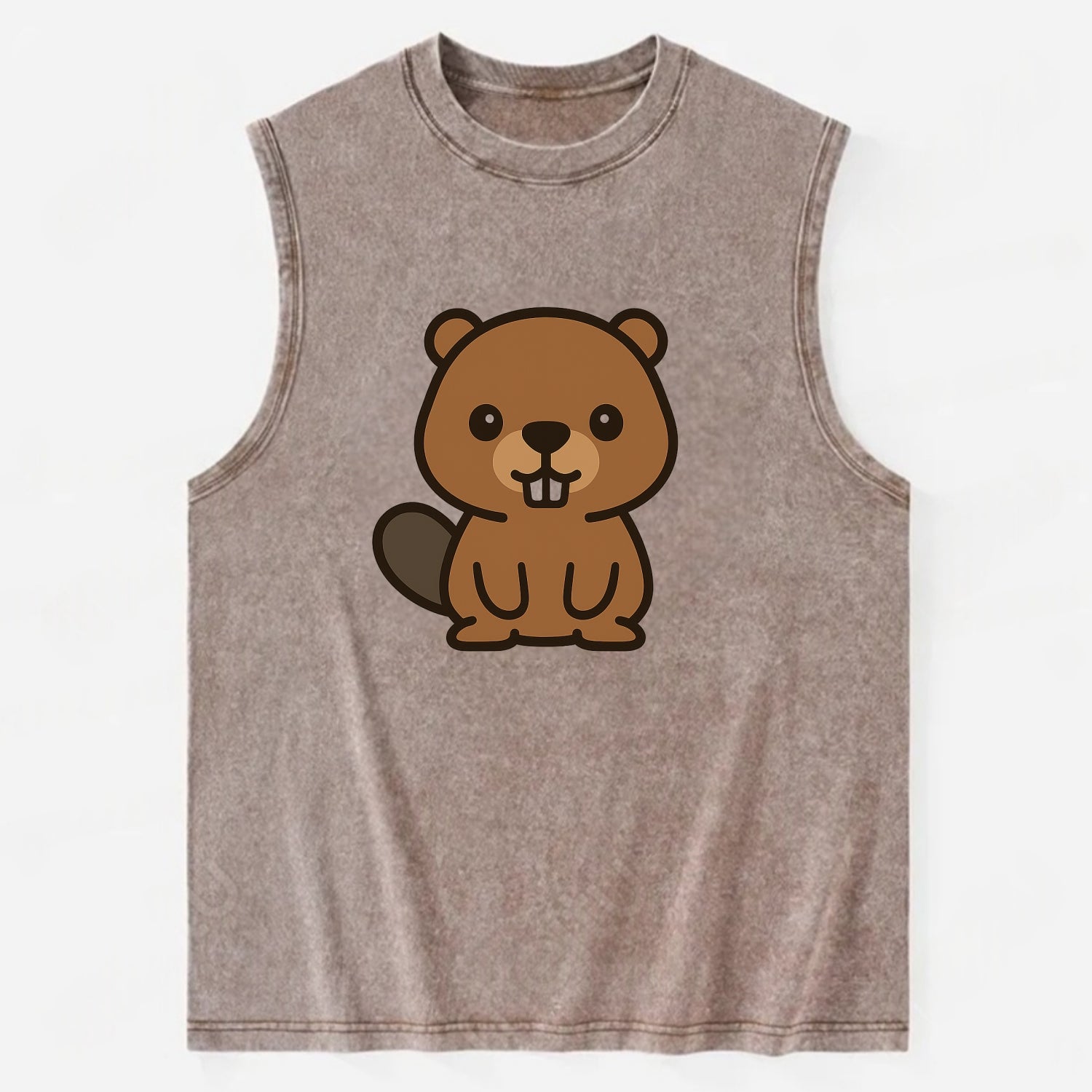 Baby Beaver - brown fur, paddle tail, buck teeth, friendly eyes, - Vintage Washed Tank - Brown