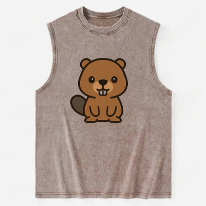 Baby Beaver - brown fur, paddle tail, buck teeth, friendly eyes, - Vintage Washed Tank - Brown