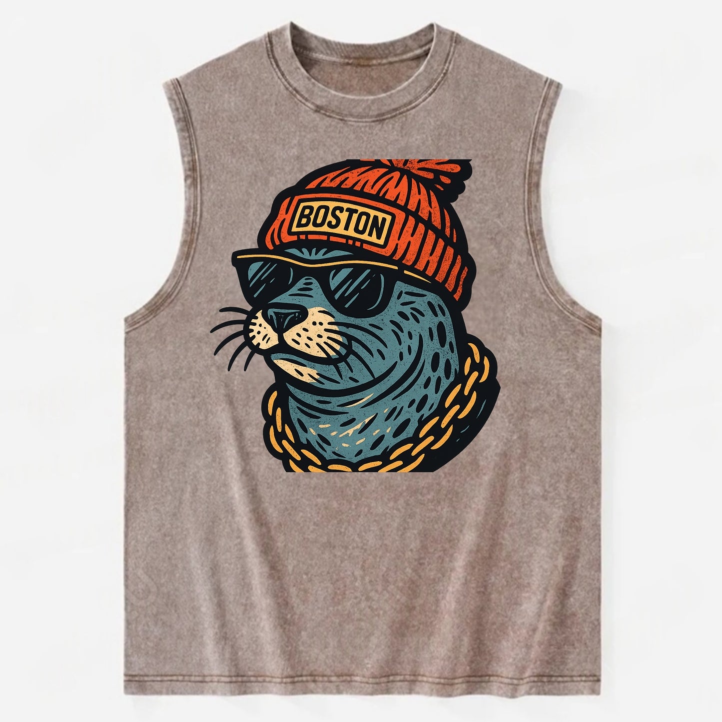 Boston Harbor Seal wearing Boston beanie with pom pom and wayfarer sunglasses - Vintage Washed Tank - Brown
