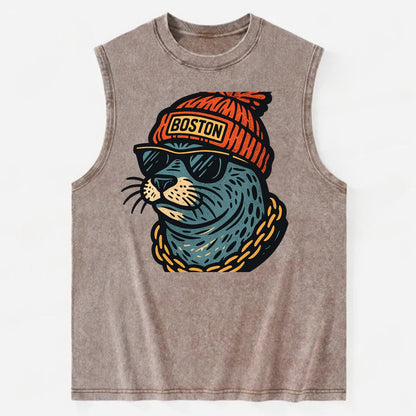 Boston Harbor Seal wearing Boston beanie with pom pom and wayfarer sunglasses - Vintage Washed Tank - Brown