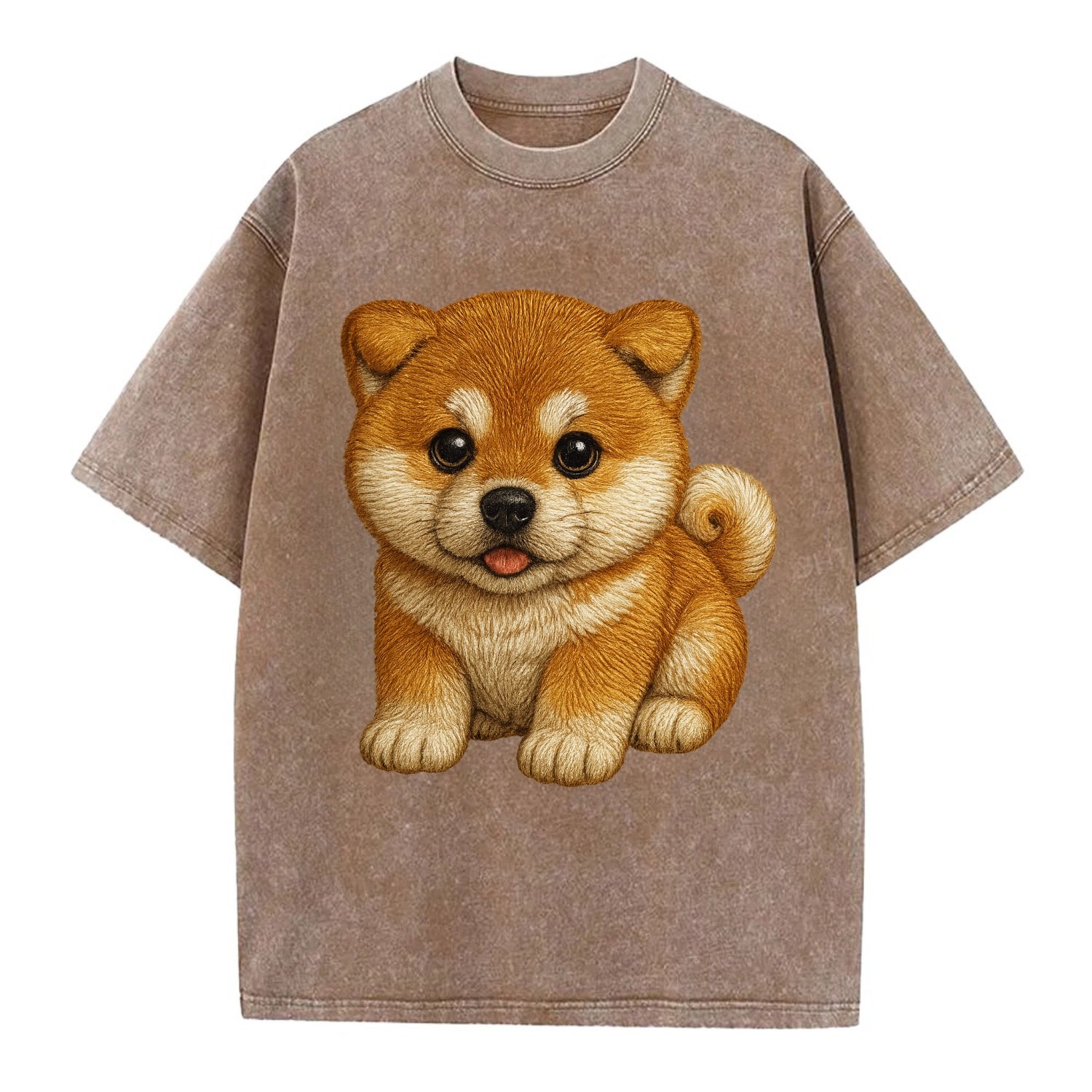Baby Akita Puppy - fluffy bear-like, curled tail, dignified eyes, front-facing, - Vintage T-shirt - Brown
