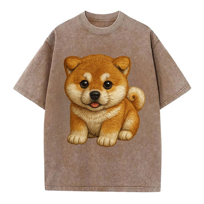 Baby Akita Puppy - fluffy bear-like, curled tail, dignified eyes, front-facing, - Vintage T-shirt - Brown