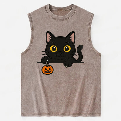 Midnight the black cat poking tongue out playfully while peeking. - Vintage Washed Tank - Brown