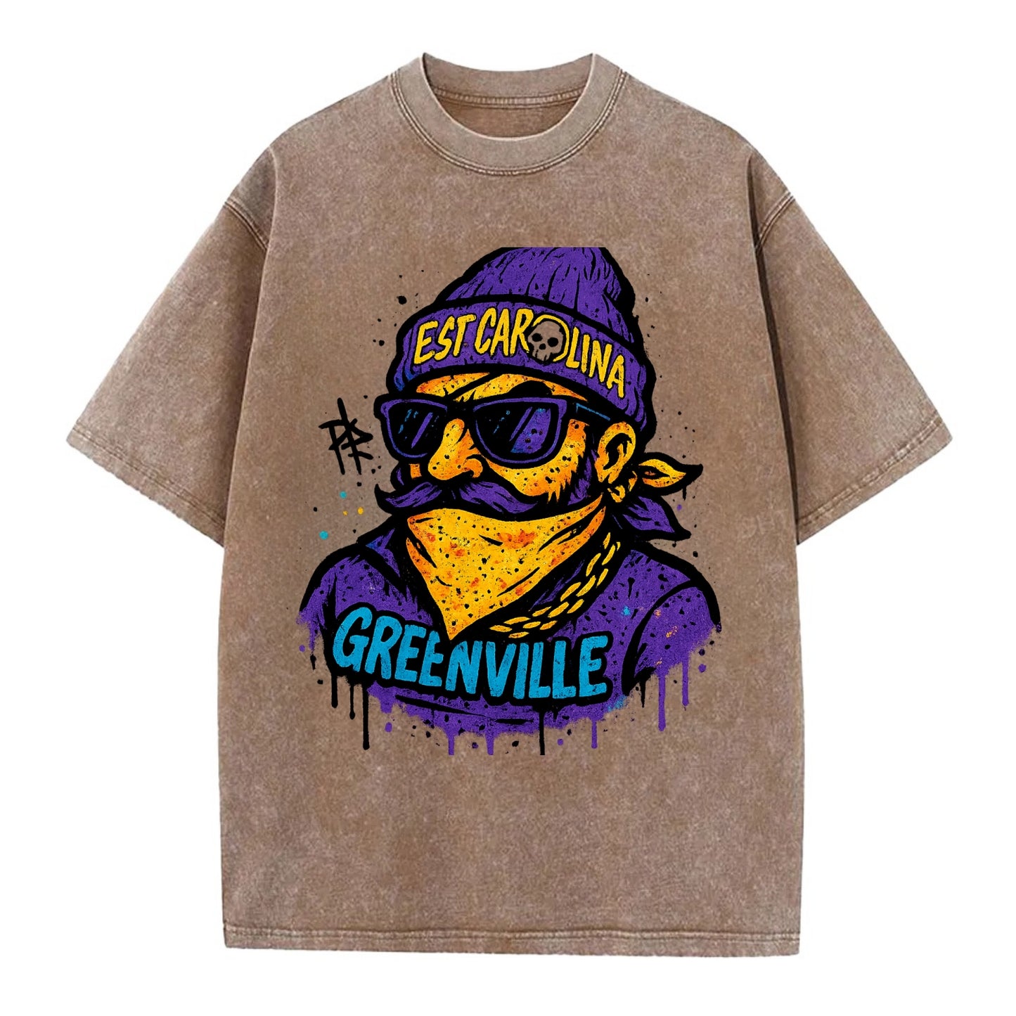 Greenville Pirate wearing East Carolina beanie with skull patch - Vintage T-shirt - Brown