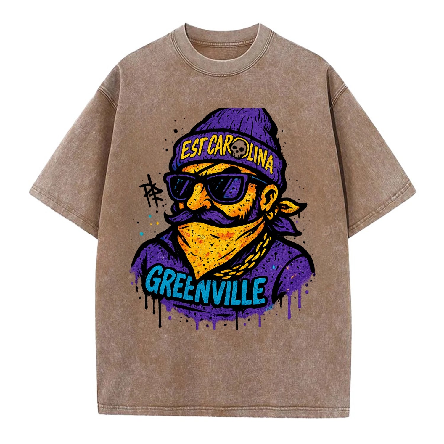 Greenville Pirate wearing East Carolina beanie with skull patch - Vintage T-shirt - Brown