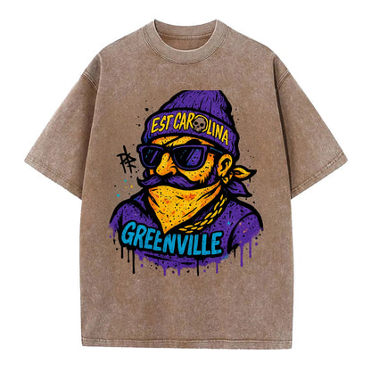 Greenville Pirate wearing East Carolina beanie with skull patch - Vintage T-shirt - Brown