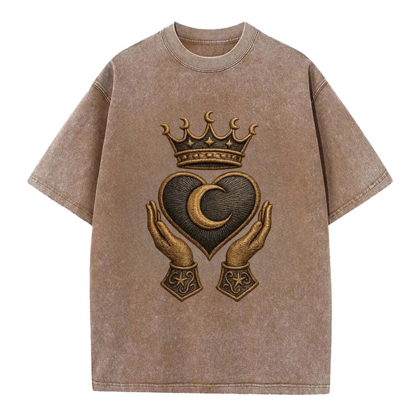 Moonlit crescent crown cradling a hematite heart with stargazer hands cupped - Vintage T-shirt - Brown