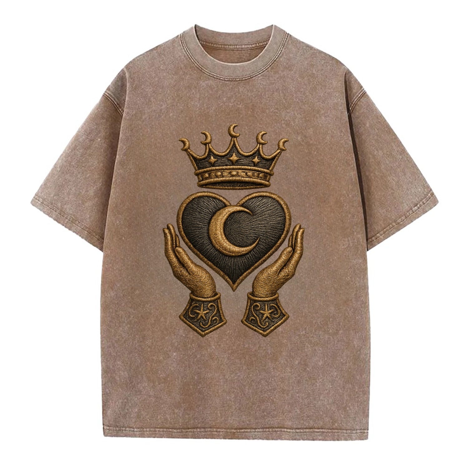 Moonlit crescent crown cradling a hematite heart with stargazer hands cupped - Vintage T-shirt - Brown