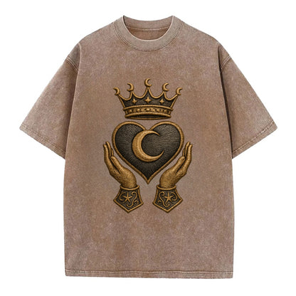 Moonlit crescent crown cradling a hematite heart with stargazer hands cupped - Vintage T-shirt - Brown