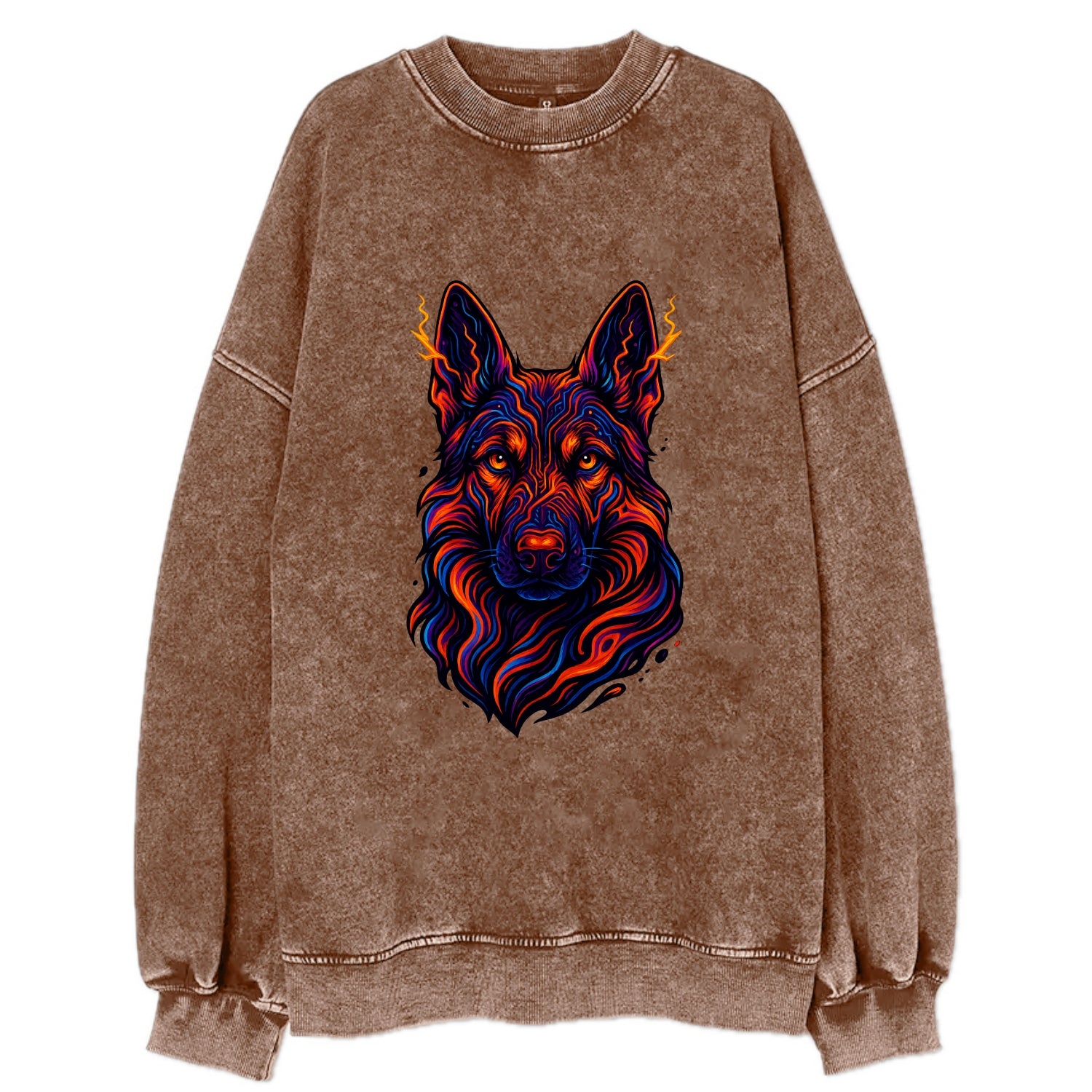 Alert German Shepherd with cyber circuit patterns in the fur, neon orange and - Vintage Sweatshirt - Brown