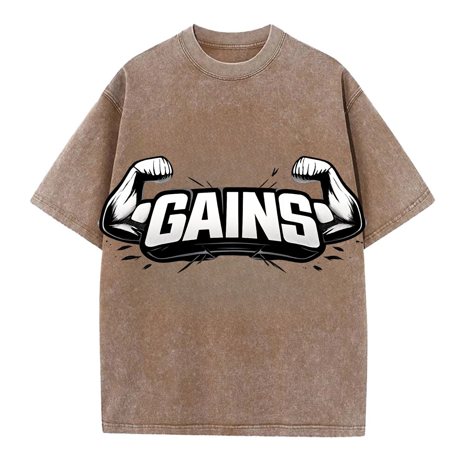 Bold typography design - "GAINS" - muscle growth, progress visible - Vintage T-shirt - Brown