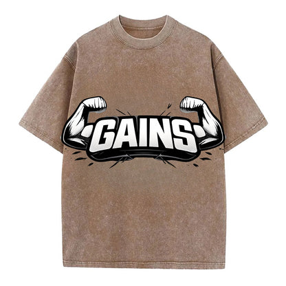 Bold typography design - "GAINS" - muscle growth, progress visible - Vintage T-shirt - Brown