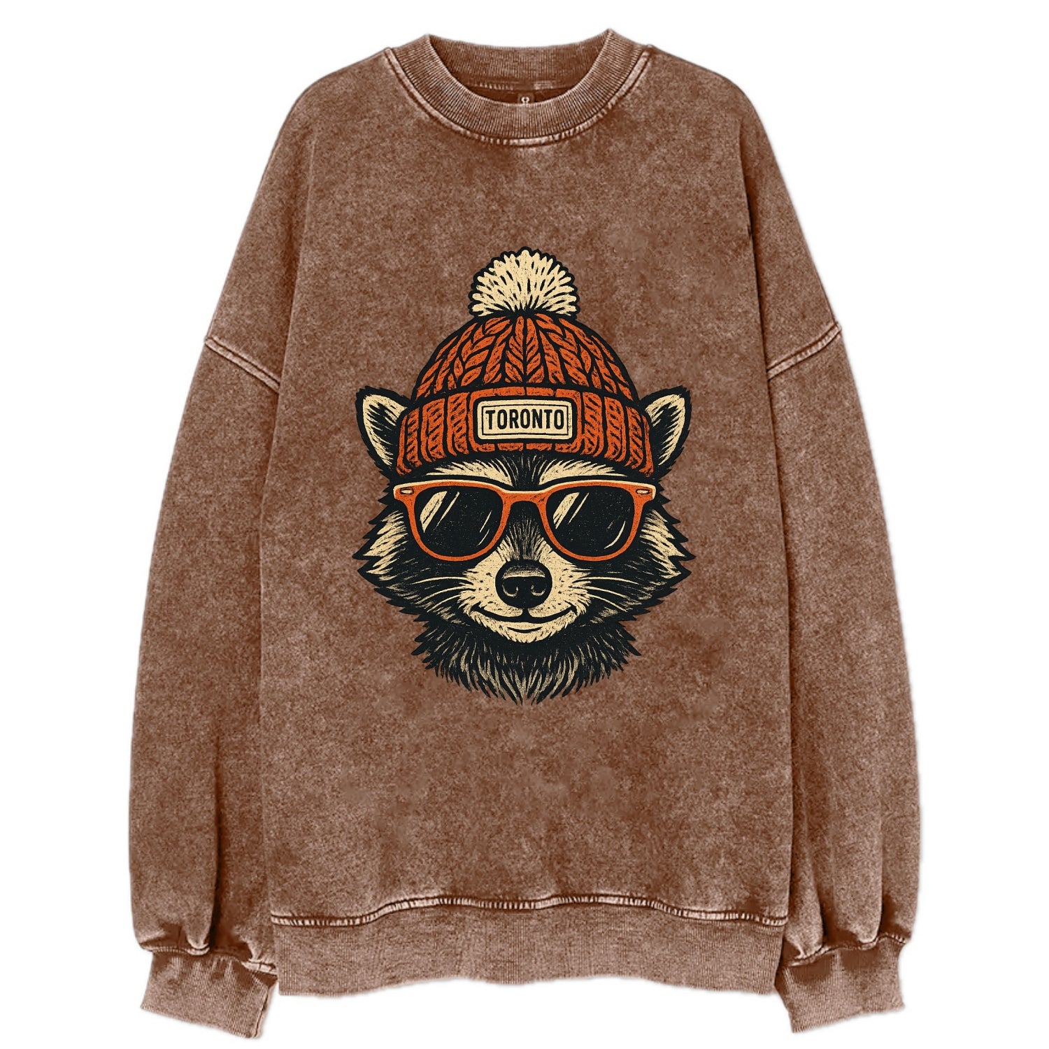 Toronto Raccoon wearing Toronto beanie with pom pom and wayfarer sunglasses - Vintage Sweatshirt - Brown
