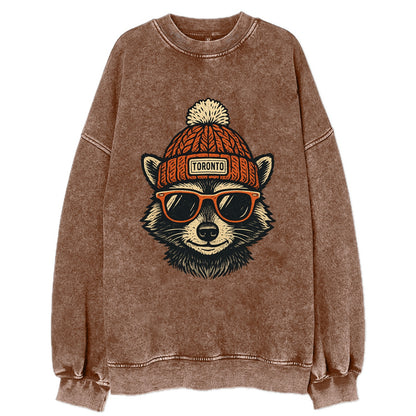 Toronto Raccoon wearing Toronto beanie with pom pom and wayfarer sunglasses - Vintage Sweatshirt - Brown