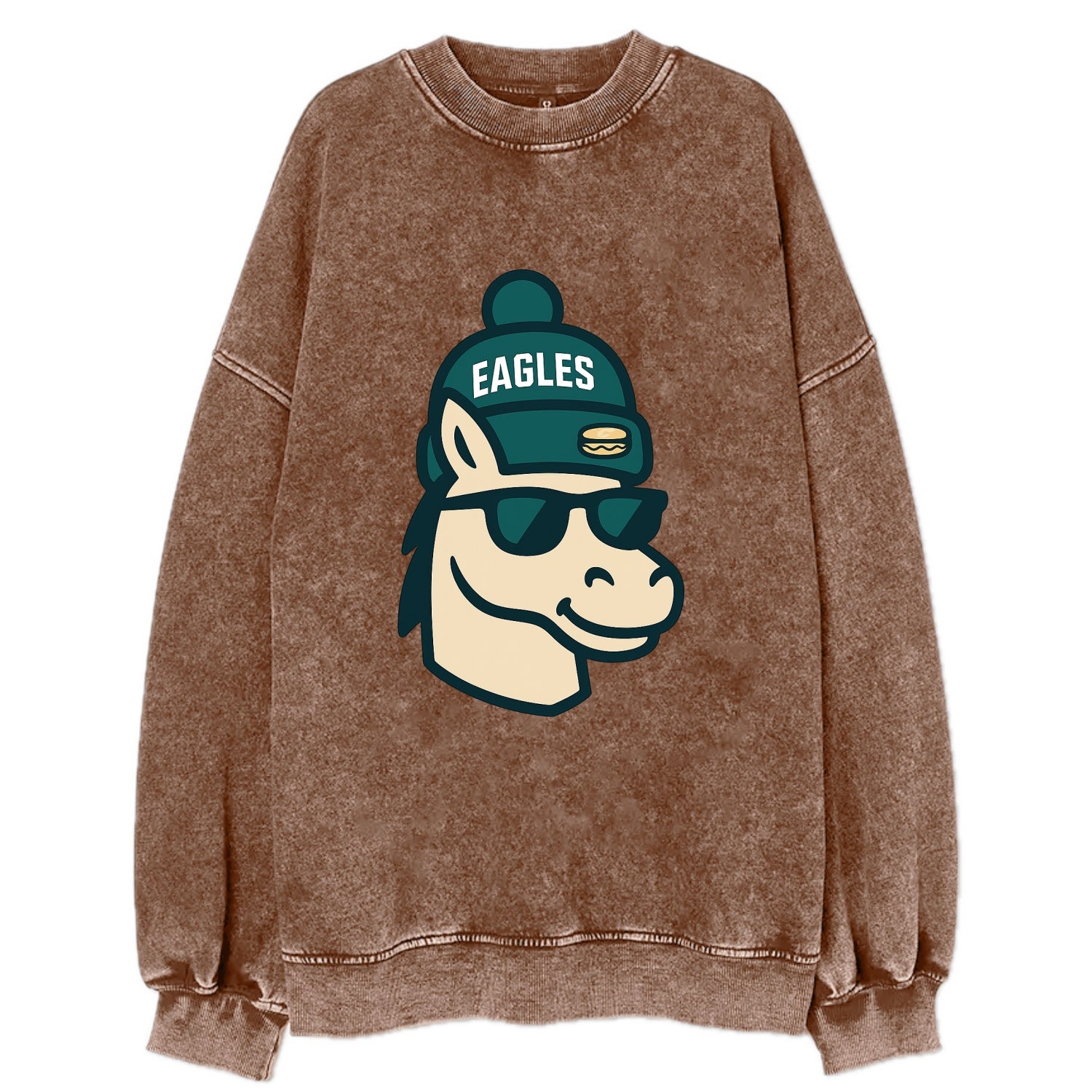 Philadelphia Horse wearing Eagles beanie with cheesesteak patch and wayfarer - Vintage Sweatshirt - Brown