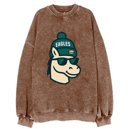 Philadelphia Horse wearing Eagles beanie with cheesesteak patch and wayfarer - Vintage Sweatshirt - Brown