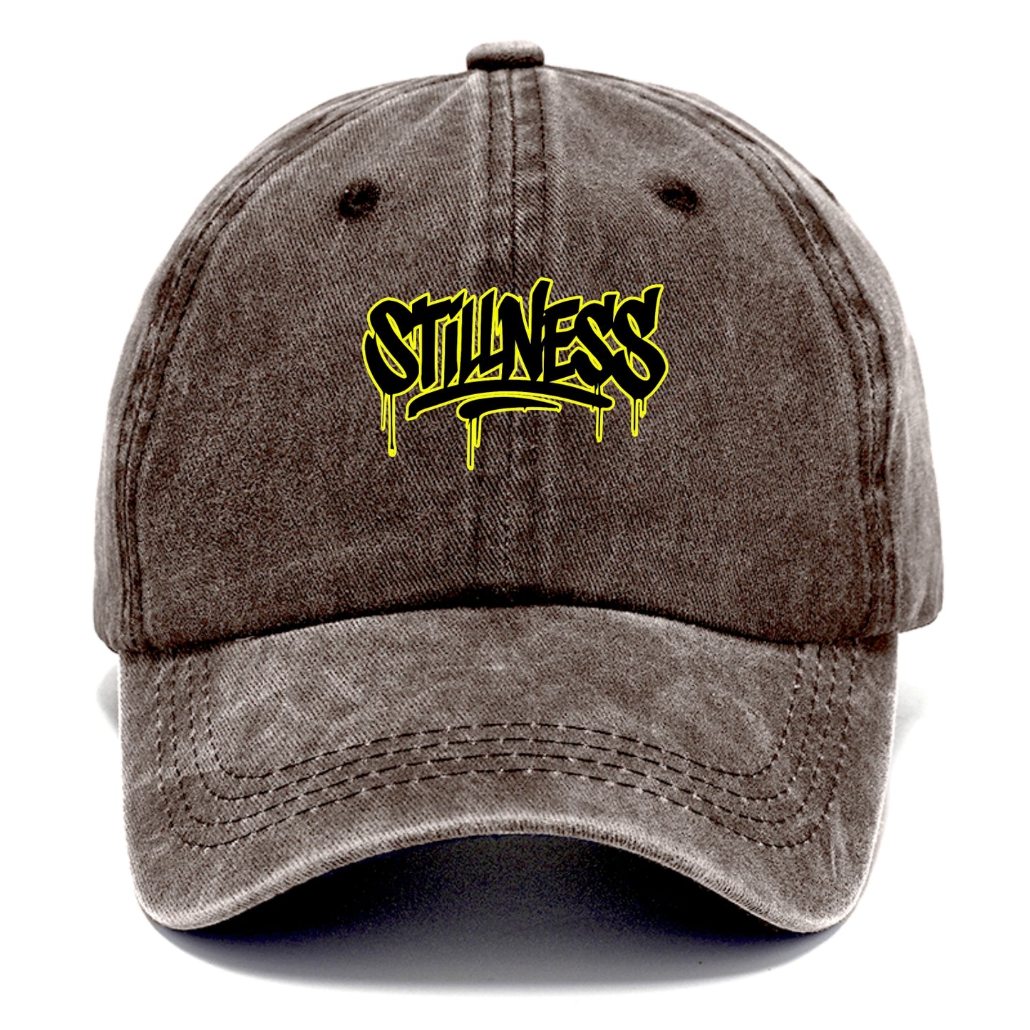 Bold typography design - "STILLNESS" - quiet power, peaceful presence - Classic Cap - Brown