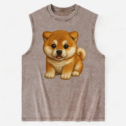 Baby Akita Puppy - fluffy bear-like, curled tail, dignified eyes, - Vintage Washed Tank - Brown