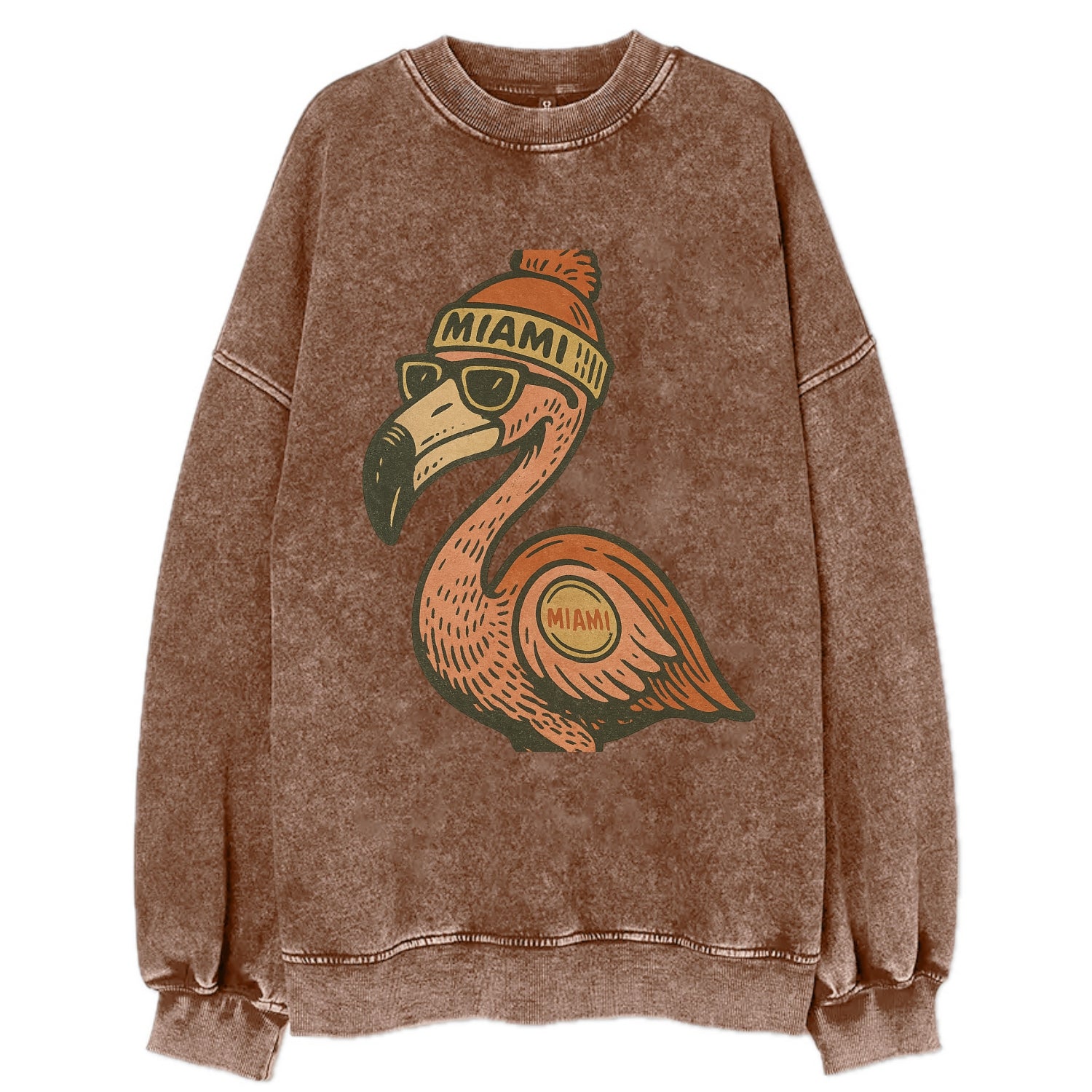 Miami Flamingo wearing Miami beanie with pom pom and wayfarer sunglasses - Vintage Sweatshirt - Brown