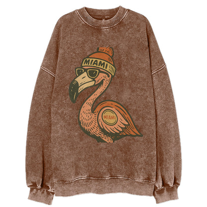 Miami Flamingo wearing Miami beanie with pom pom and wayfarer sunglasses - Vintage Sweatshirt - Brown