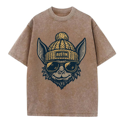 Austin Bat wearing Austin beanie with pom pom and wayfarer sunglasses - Vintage T-shirt - Brown