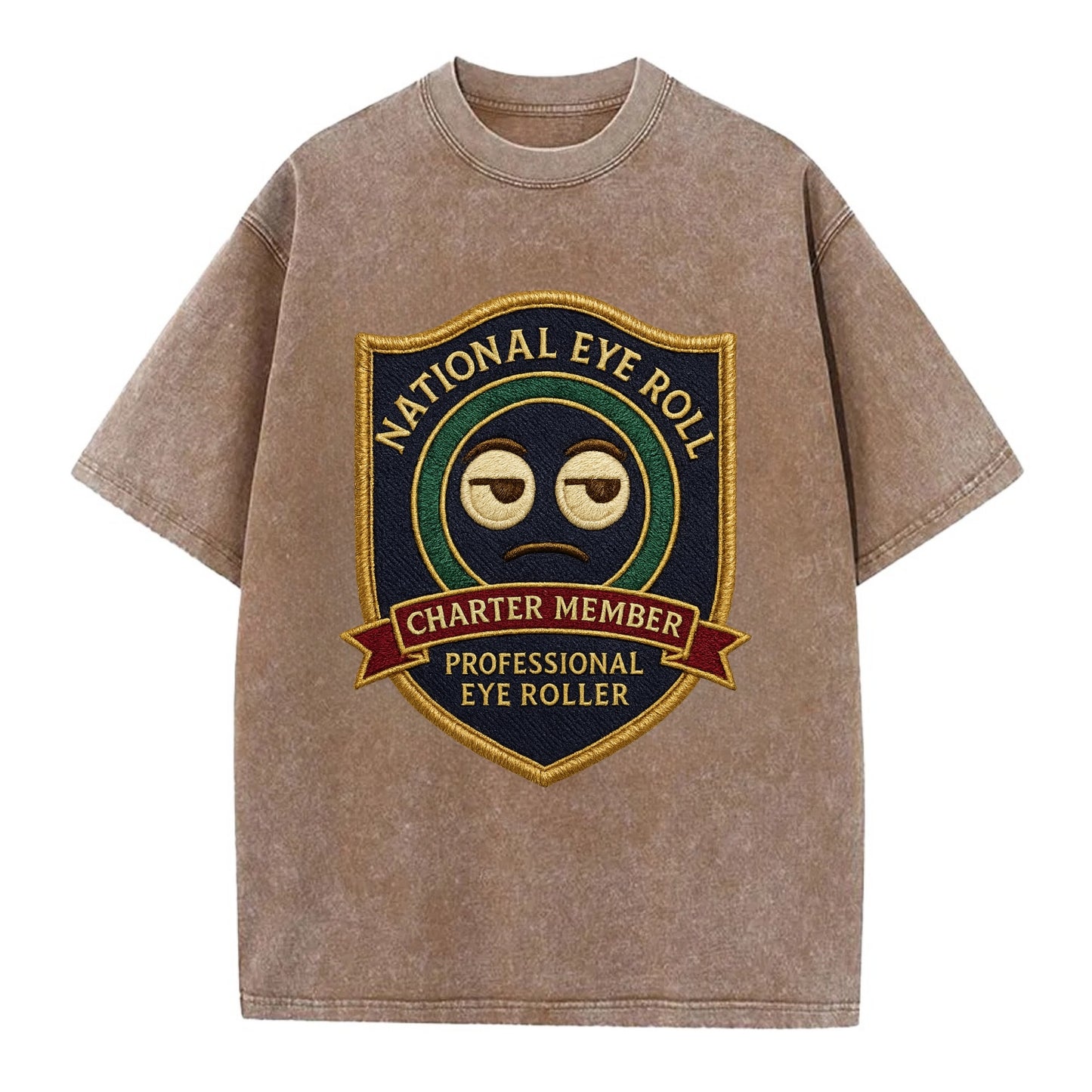 Crest with eye roll icon - "National Eye Roll Association - Charter Member" - - Vintage T-shirt - Brown