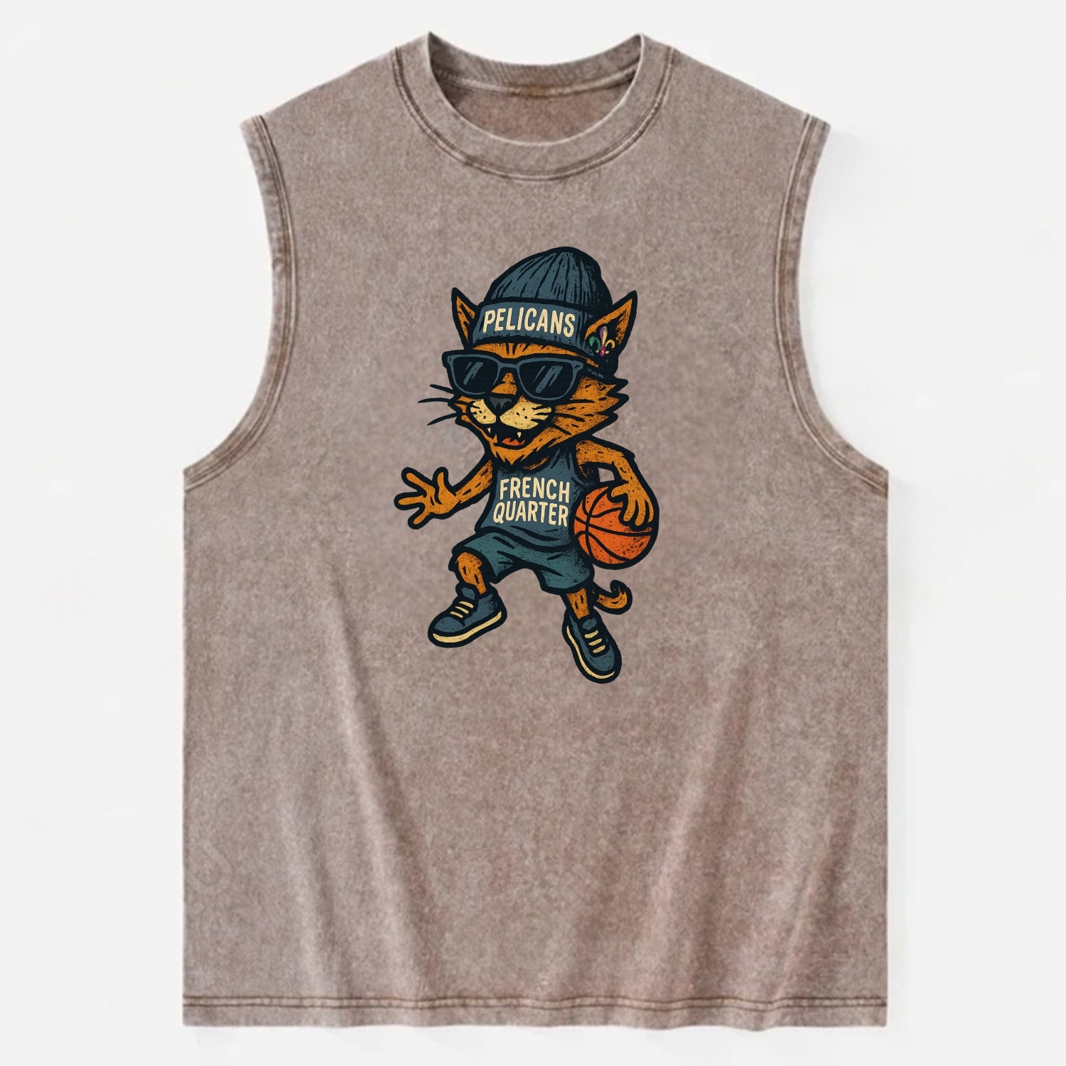 French Quarter Cat wearing Pelicans beanie with Mardi Gras patch and wayfarer - Vintage Washed Tank - Brown