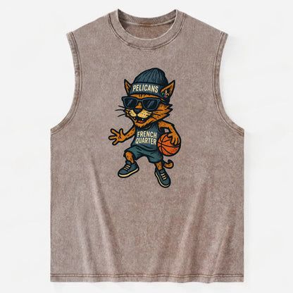 French Quarter Cat wearing Pelicans beanie with Mardi Gras patch and wayfarer - Vintage Washed Tank - Brown