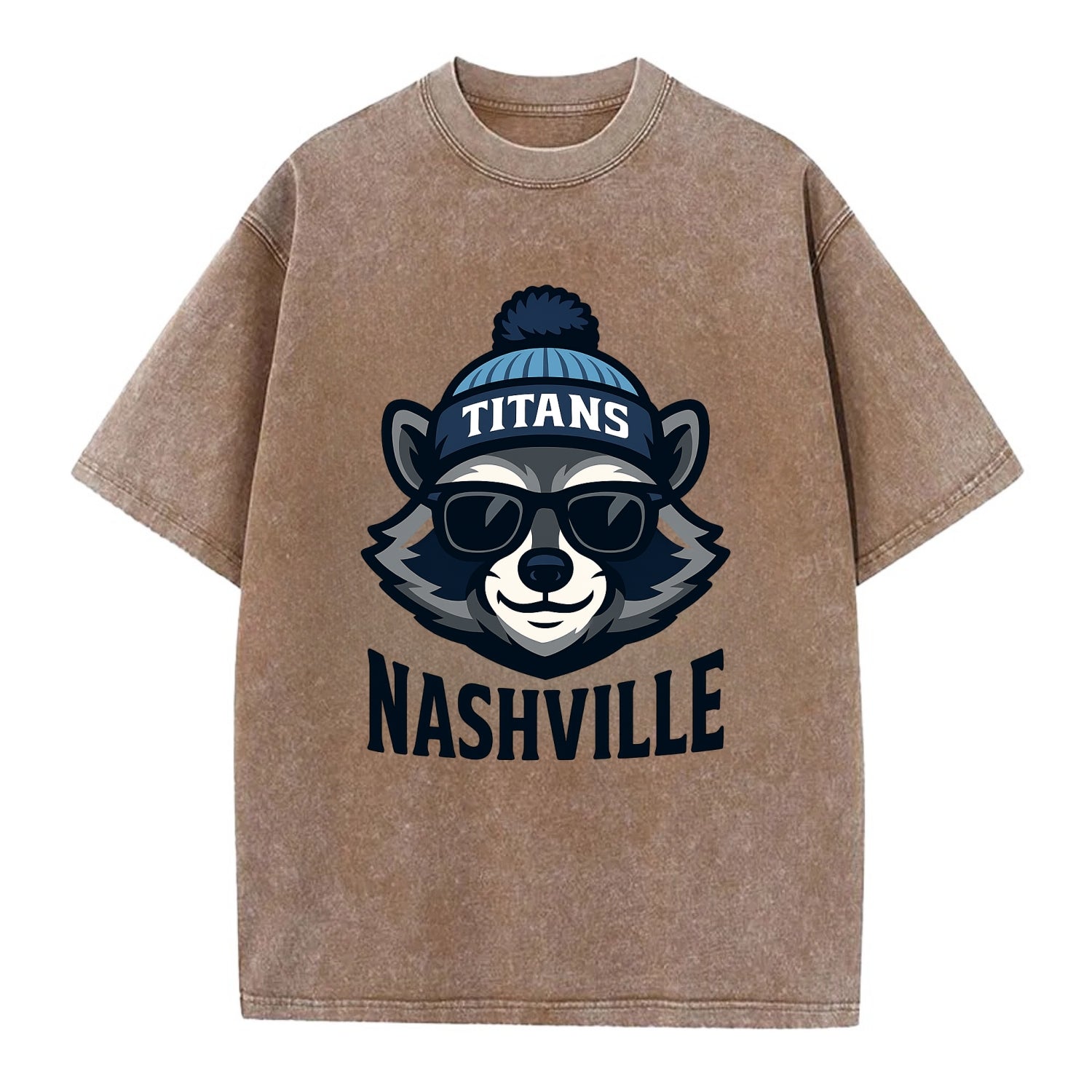 Nashville Raccoon wearing Titans navy and light blue beanie with pom pom and - Vintage T-shirt - Brown