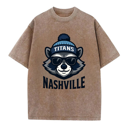 Nashville Raccoon wearing Titans navy and light blue beanie with pom pom and - Vintage T-shirt - Brown