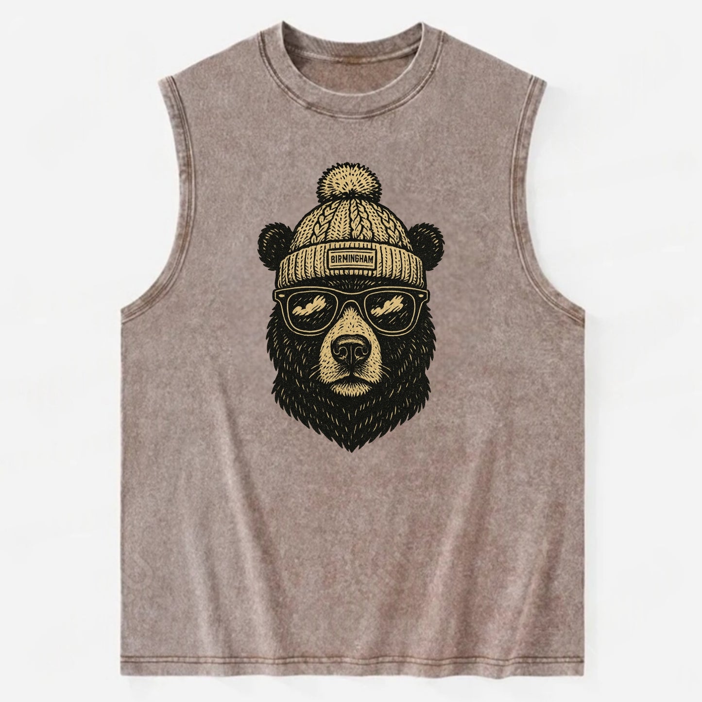 Alabama Black Bear wearing Birmingham beanie with pom pom and wayfarer - Vintage Washed Tank - Brown