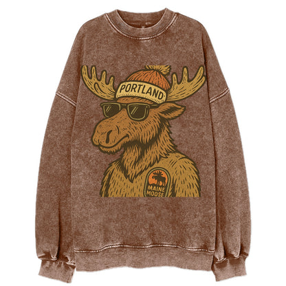 Maine Moose wearing Portland beanie with pom pom and wayfarer sunglasses - Vintage Sweatshirt - Brown