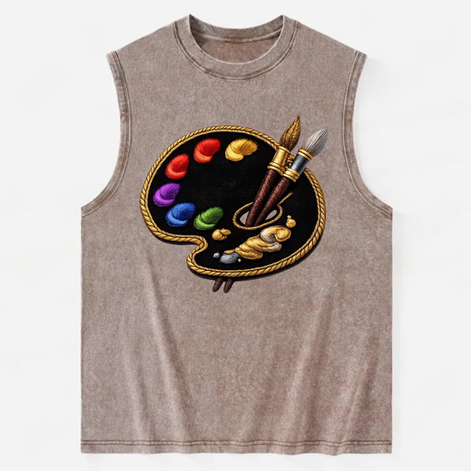 PAINT PALETTE - artist palette with brushes in rainbow and brown , creative - Vintage Washed Tank - Brown