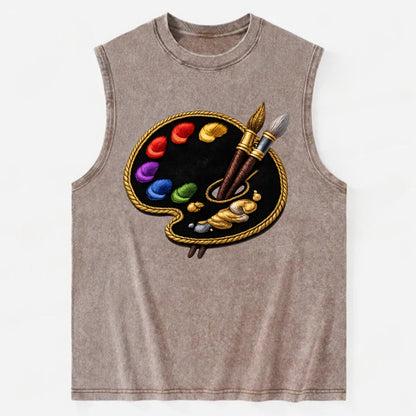 PAINT PALETTE - artist palette with brushes in rainbow and brown , creative - Vintage Washed Tank - Brown