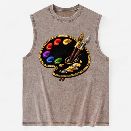 PAINT PALETTE - artist palette with brushes in rainbow and brown , creative - Vintage Washed Tank - Brown