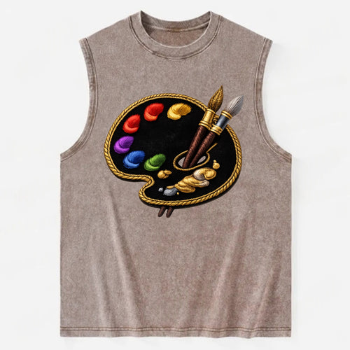 PAINT PALETTE - artist palette with brushes in rainbow and brown , creative - Vintage Washed Tank