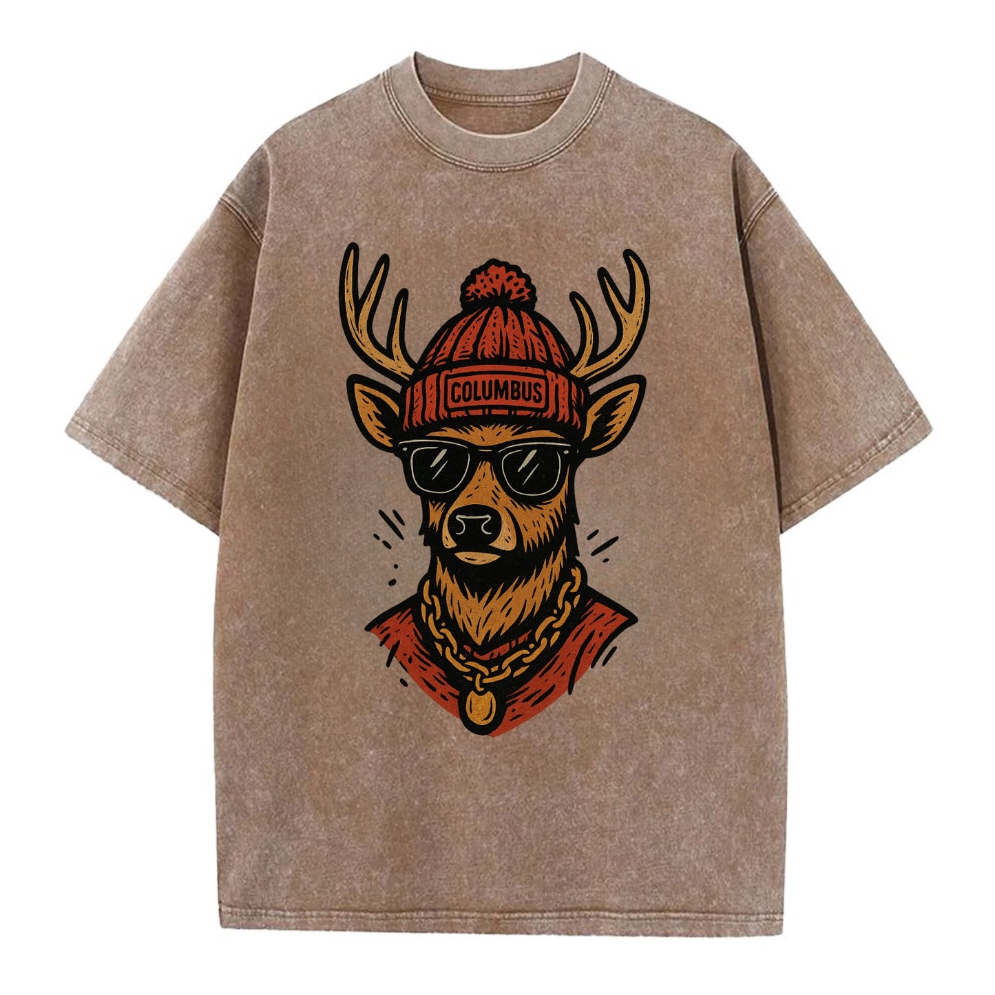 Columbus White-tailed Deer wearing Columbus beanie with pom pom and wayfarer - Vintage T-shirt - Brown