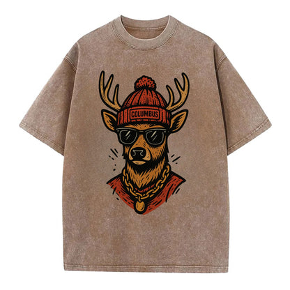 Columbus White-tailed Deer wearing Columbus beanie with pom pom and wayfarer - Vintage T-shirt - Brown