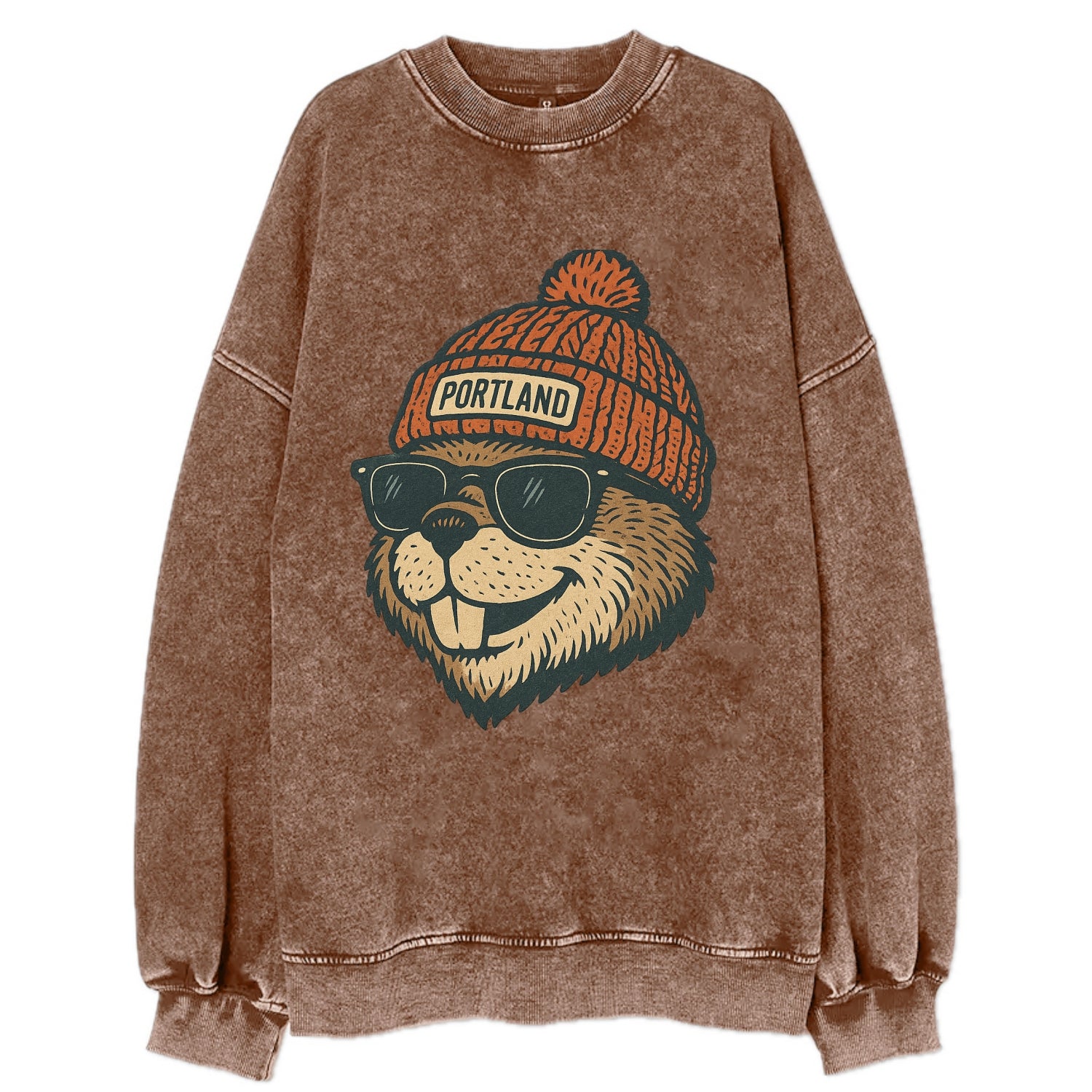 Oregon Beaver wearing Portland beanie with pom pom and wayfarer sunglasses - Vintage Sweatshirt - Brown